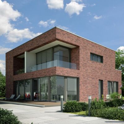 Plastové okno VEKA Softline 76 MD v tmavém provedení zdobí novostavbu